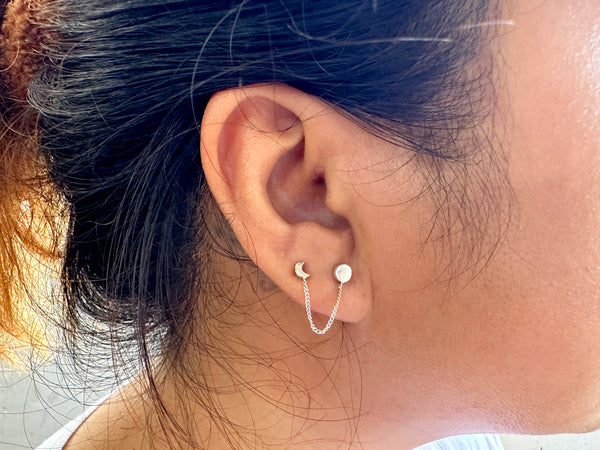 Moon Phases Double Piercing With Chain Earring Studs